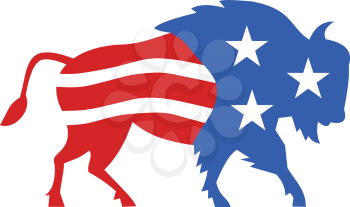 Illustration of an american bison buffalo bull with american stars and stripes flag as part of the body and head viewed from the side set on isolated white background done in retro style. 