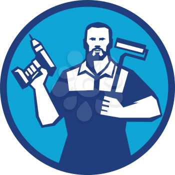 Illustration of a handyman with beard moustache facial hair holding paint roller on shoulder and cordless drill viewed from front set inside circle on isolated background done in retro style. 