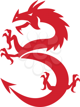 Illustration of a silhouette of a red dragon prancing viewed from the side set on isolated white background done in retro style. 