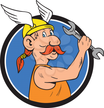 Illustration of a viking repairman holding spanner viewed from the side set inside circle on isolated background done in cartoon style. 