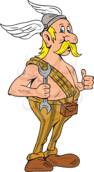 Illustration of a viking repairman holding spanner thumbs up set on isolated white background done in cartoon style. 