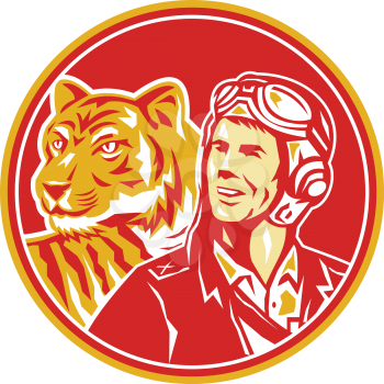 Illustration of a world war two pilot airman aviator and tiger looking to the side set inside circle done in retro style. 