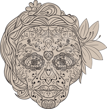 Illustration of a decorated female sugar skull or calavera  with hair and flowers viewed from front to commemorate the Day of the Dead on isolated white background done in retro style. 