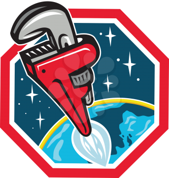 Illustration of a pipe wrench rocket booster blasting off from earth to space set inside hexagon shape done in retro style. 