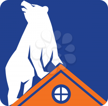 Illustration of a bear on top of roof looking up to the side viewed from front set inside rectangle shape on isolated background done in retro style. 