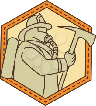 Mono line style illustration of a fireman fire fighter emergency worker holding a fire axe viewed from the side set inside shield crest on isolated background. 
