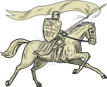Drawing sketch style illustration of knight horseback in full armor holding lance, shield and flag riding horse viewed from the side on isolated white background done. 
