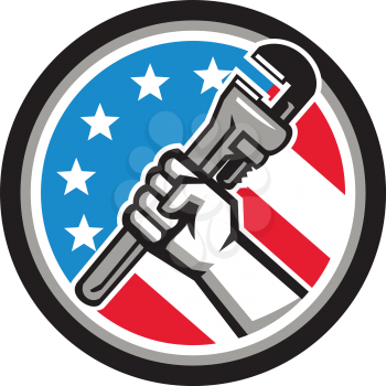 Illustration of a plumber hand holding adjustable pipe wrench in an angled position viewed from the side set inside circle with usa american stars and stripes flag in the background done in retro styl