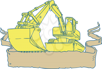 Drawing sketch style illustration of a mechanical digger excavator earthmover set on isolated white background viewed from front with ribbon scroll. 