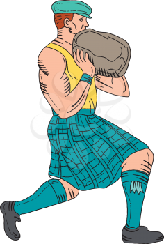 Drawing sketch style illustration of a Scottish heavy event highland games athlete engaged in stone throw viewed from the side set on isolated white background. 