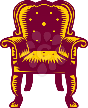 Illustration of a baroque grand arm chair set on isolated white background done in retro woodcut style. 