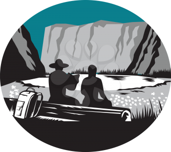 Ilustration of  two campers sitting on a log, one is reading and the other is female with backpack leaning against the log, backdrop is meadow, small glacier lake framed in steep cliffs set inside ova