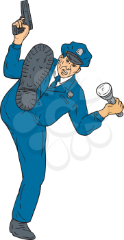 Drawing sketch style illustration of a policeman police officer holding gun in one hand and torch flashlight on the other hand kicking facing front  set on isolated white background. 