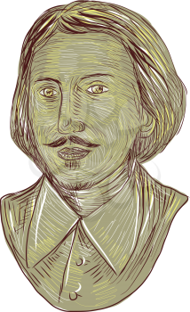Drawing sketch style illustration of Christopher Marlowe, also known as Kit Marlowe, an English playwright, poet and translator of the Elizabethan era bust viewed from front set on isolated white back