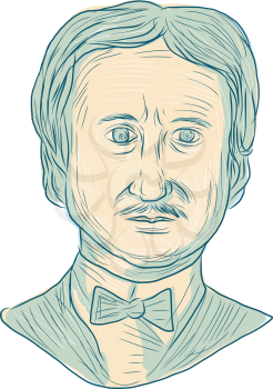 Drawing sketch style illustration of Edgar Allan Poe, an American writer, editor, poet and literary critic viewed from the front set on isolated white background. 