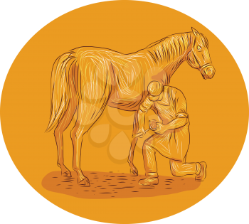 Drawing sketch style illustration of a farrier, specialist in equine hoof care, including the trimming and balancing of hooves,  placing of shoes on hoof of horse viewed from the side set inside circl