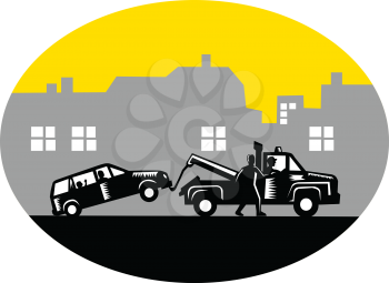 Illustration of car being towed away with passengers inside while man tries to stop tow truck driver with buildings in background set inside oval shape done in retro woodcut style. 