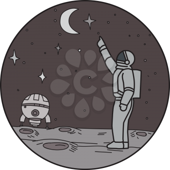 Mono line style illustration of an astronaut in outer space pointing up to the stars and moon with shuttle in the background set inside circle. 