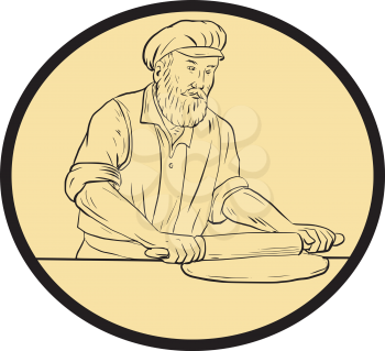 Drawing sketch style illustration of a  baker chef cook in medieval times holding rolling pin rolling on dough viewed from front set inside oval shape with on isolated background. 