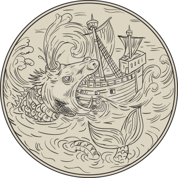 Drawing sketch style illustration of an ancient sea monster attacking devouring a sailing ship in turbulent sea ocean water set inside circle. 