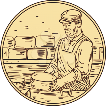 Drawing sketch style illustration of a cheesemaker standing making cheddar cheese block set inside circle. 