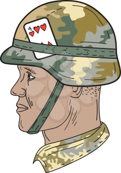 Drawing sketch style illustration of an African American soldier wearing Us Army Kevlar combat helmet with camouflage cloth cover and four of hearts playing card attached to side viewed from the side 