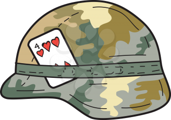 Drawing sketch style illustration of a Us Army Kevlar combat helmet with camouflage cloth cover and four of hearts playing card attached to side set on isolated white backgorund. 