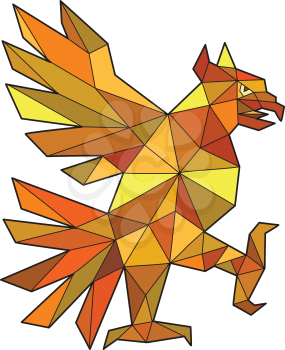 Low polygon style illustration of a glifo from the azteca's culture of a Cuauhtli showing an eagle in a fighting stance viewed from the side set on isolated white background. 