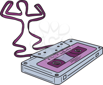Mono line style illustration of a Compact Cassette or Musicassette, also commonly called cassette tape, audio cassette, or simply tape or cassette,with analog magnetic tape in the form and shape of a 
