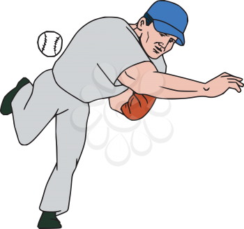 Illustration of an american baseball player pitcher outfilelder throwing ball viewed from front set on isolated white background done in cartoon style. 
