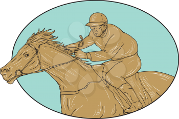 Drawing sketch style illustration of horse and jockey racing viewed from the side set inside oval shape on isolated background. 