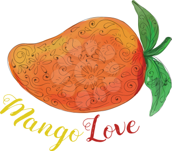 Mandala style illustration of  a mango, a juicy tropical stone fruit drupe belonging to the genus Mangifera set on isolated white background with the word text Mango Love done in watercolor. 