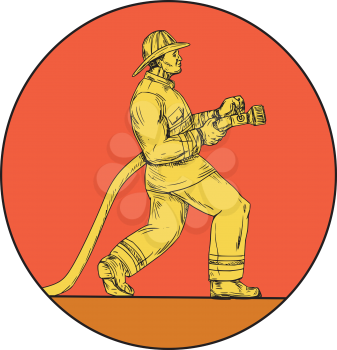 Drawing sketch style illustration of a fireman fire fighter emergency worker holding fire hose viewed from the side set inside circle on isolated background. 