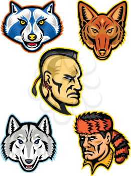 Mascot icon illustration set of heads of American wildlife and folklore heroes like the Artic wolf, jackal, Mohawk warrior, raccoon and Davy Crockett, the frontiersman on isolated background.