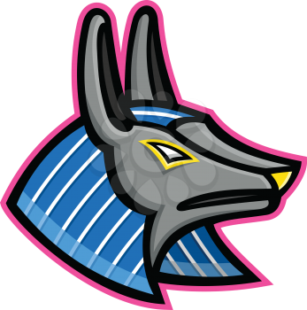 Mascot icon illustration of head of Anubis, an ancient Egyptian animal god of afterlife depicted as a man with a canine head of dog or jackal viewed from side on isolated background in retro style.