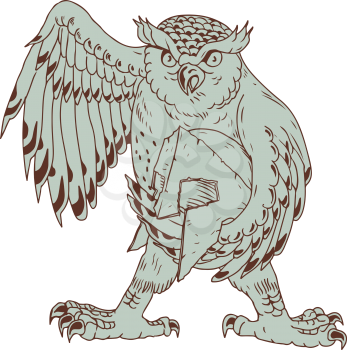 Drawing sketch style illustration of an angry Great Horned Owl Holding Spartan battle-worn Helmet viewed from front on isolated background.