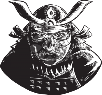 Retro woodcut style illustration of a Samurai Warrior Wearing facial armor mask called Mempo and top heavy kabuto helmet front view on isolated background.