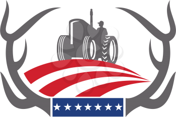 Retro style illustration of a whitetail deer Antler framing a Farm Tractor with American stars and stripes Flag on isolated background.