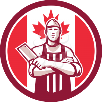 Icon retro style illustration of a Canadian butcher arms crossed holding a meat cleaver viewed from front with Canada maple leaf flag set inside circle on isolated background.