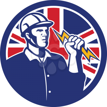 Icon retro style illustration of a British Power Lineman or electrician holding a lightning bolt with United Kingdom UK, Great Britain Union Jack flag set inside circle on isolated background.