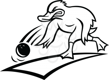 Cartoon mascot style illustration of an angry bowler duck or mallard rolling a bowling ball down a wood or synthetic lane viewed from side on isolated background done in black and white.