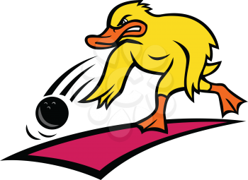 Cartoon style illustration of an angry bowler duck or mallard rolling a bowling ball down a wood or synthetic lane viewed from side on isolated background.