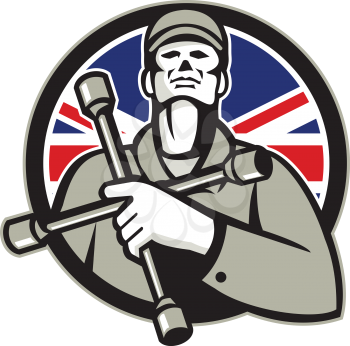 Illustration of a British mechanic worker wearing hat holding tire wrench, 4-way lug wrench or tyre iron on chest looking up set in shield with Union Jack flag in background in retro style. 