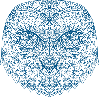 Illustration of head of Snowy Owl done in hand-sketched drawing style Mandala.