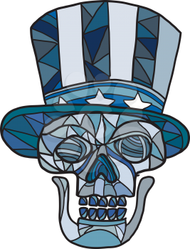 Mosaic low polygon style illustration of head of a skull of Uncle Sam mascot wearing an American stars and stripes top hat viewed from front on isolated white background in color.
