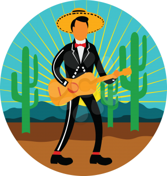 Icon retro style illustration of a Mexican mariachi playing, strumming the guitar wearimng sombrero in the desert with saguaro cactus and mountains set inside circle on isolated background.