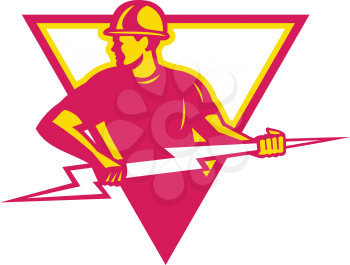 Retro style illustration of a power lineman or electrician holding a lightning bolt or thunderbolt viewed from side set inside triangle on isolated background.
