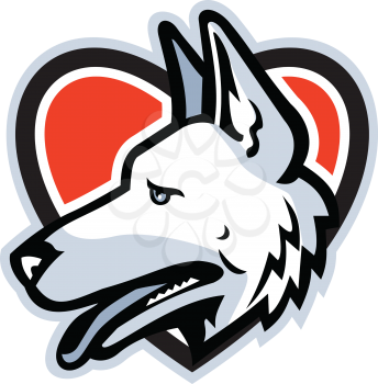 Mascot icon illustration of head of a German Shepherd or Alsatian wolf dog set inside heart shape viewed from side on isolated background in retro style.