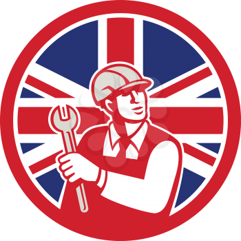 Icon retro style illustration of a British mechanical engineer holding a spanner or wrench with United Kingdom UK, Great Britain Union Jack flag set inside circle on isolated background.