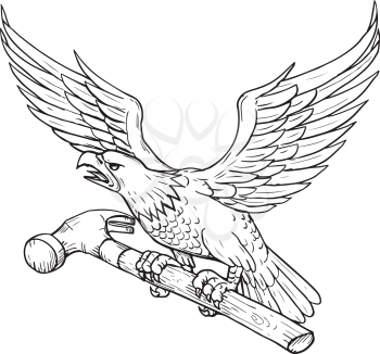 Drawing sketch style illustration of an American Bald Eagle clutching a hammer viewed from side on isolated background.